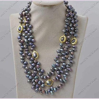 Z13344 3Row 20" 16mm Peacock Black Rice Gold plated Freshwater Pearl Necklace Custom Jewelry
