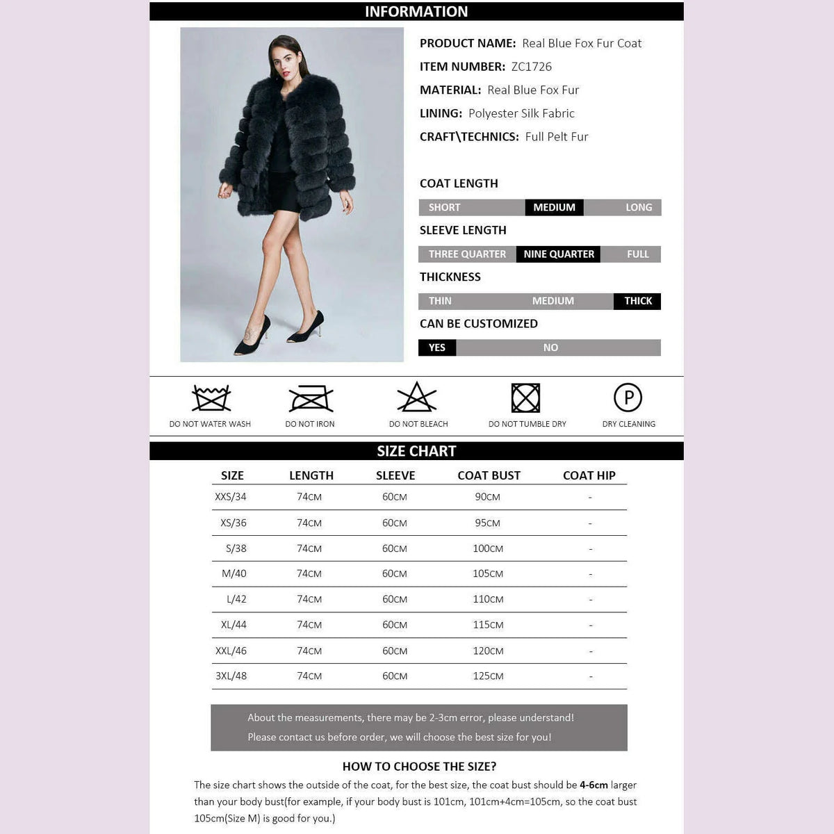 ZIRUNKING Real Blue Fox Fur Coat Women Natural Thick Long Overcoat  Winter Warm High Quality Classic Fashion Clothes ZC1726